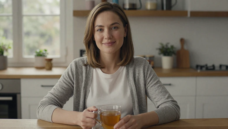 Woman in casual gray cardigan at a kitchen table representing the type of profiles men encounter on dating platforms