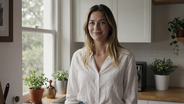 Everyday woman in white linen shirt in a sunlit kitchen representing realistic dating profile expectations
