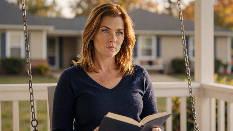 Everyday woman reading on a porch swing representing a genuine dating profile in natural home setting