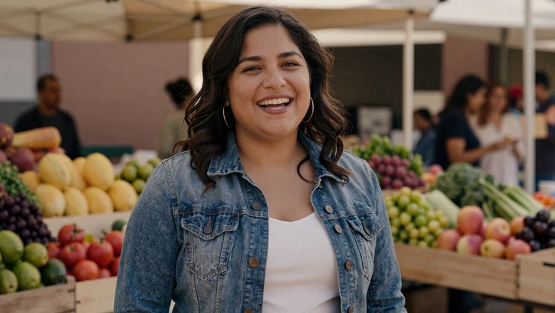 Woman laughing naturally at a farmers market demonstrating real-world dating photo versus studio-generated AI images