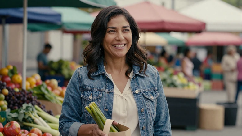 Friendly woman at a farmers market representing the everyday authenticity found on Match.com profiles