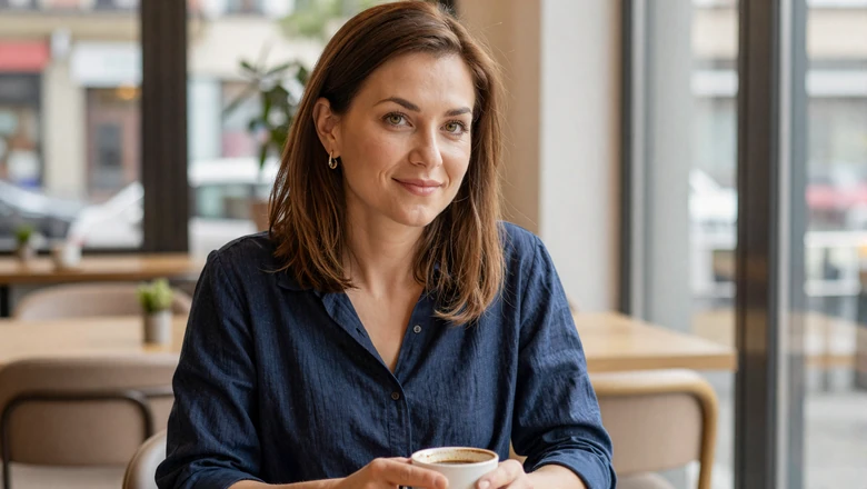 Woman in casual blue blouse at a cafe illustrating typical dating profile presentation
