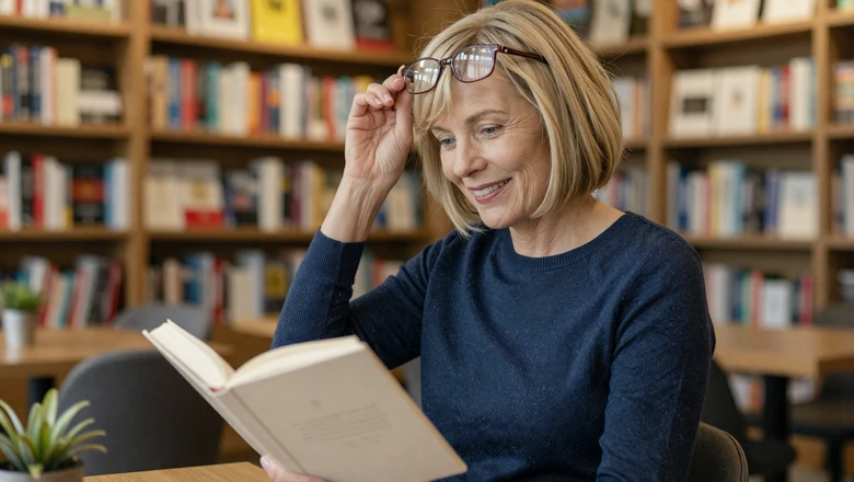 Professional woman reading at a bookstore cafe representing SilverSingles educated user demographic