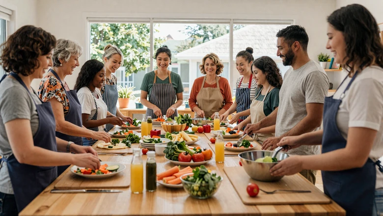 Adults enjoying a community cooking class showing real-world social connection opportunities for singles over 45