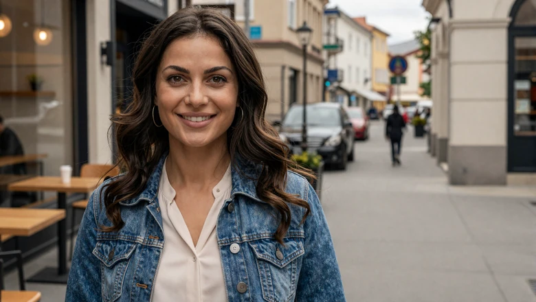 Approachable woman in denim jacket on a city sidewalk representing profiles men spend credits to message