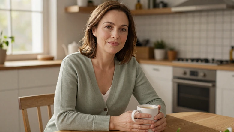 Approachable woman in sage cardigan enjoying morning coffee at home representing genuine eHarmony profile