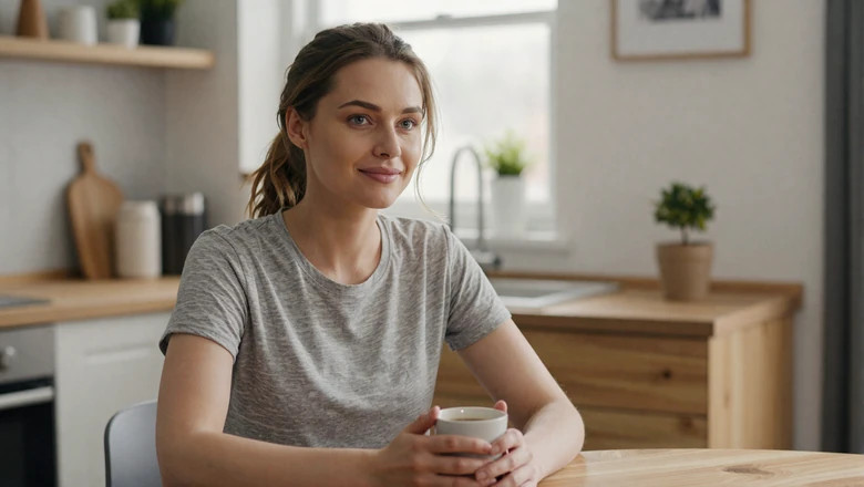 Woman in casual gray shirt at kitchen table showing authentic everyday dating profile style versus AI-generated glamor photos